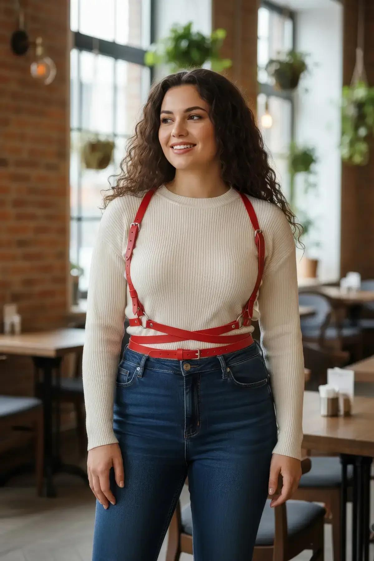 Kırmızı vegan deri büyük beden göğüs ve bel harness gümüş toka detaylı çapraz şerit tasarımı
