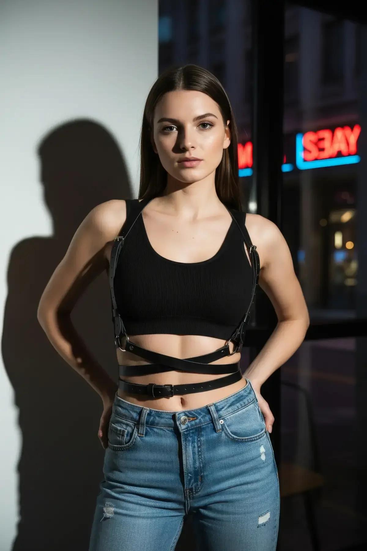 Black adjustable waist harness flat lay showing X-strap configuration and buckle hardware