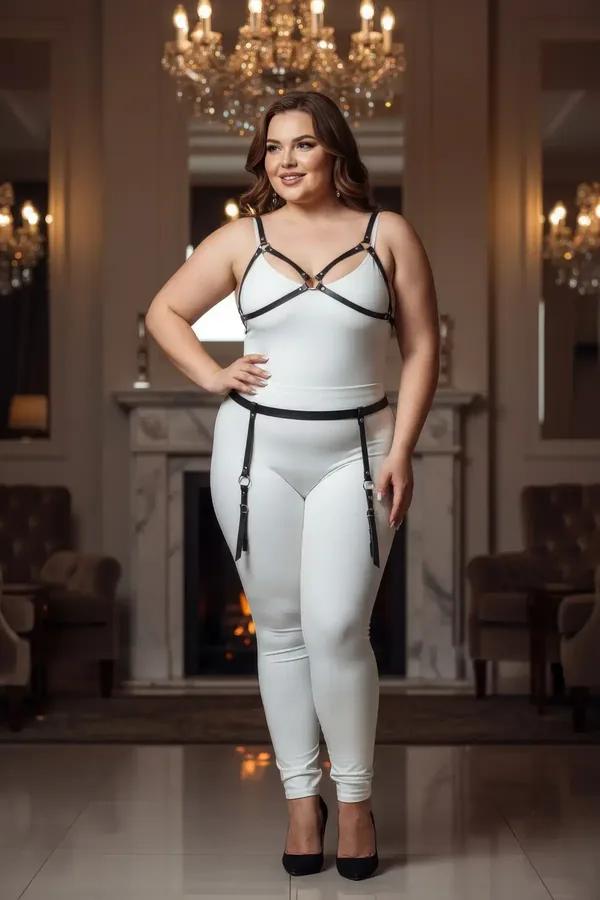 black faux leather full body harness with silver O-ring garter straps worn over white bodysuit plus-size model