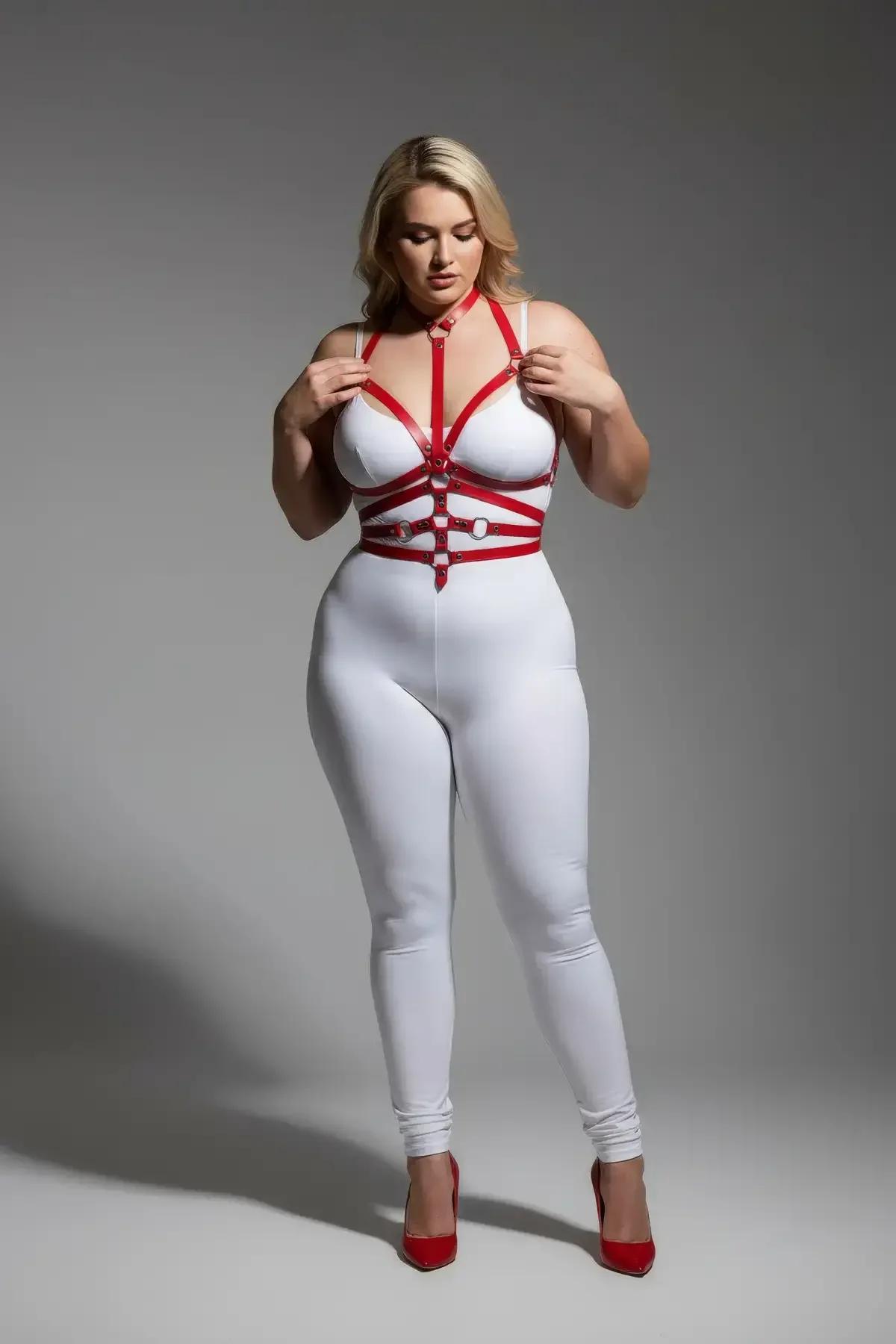 Adjustable red faux leather harness showing halter neck strap and buckle closures from front angle