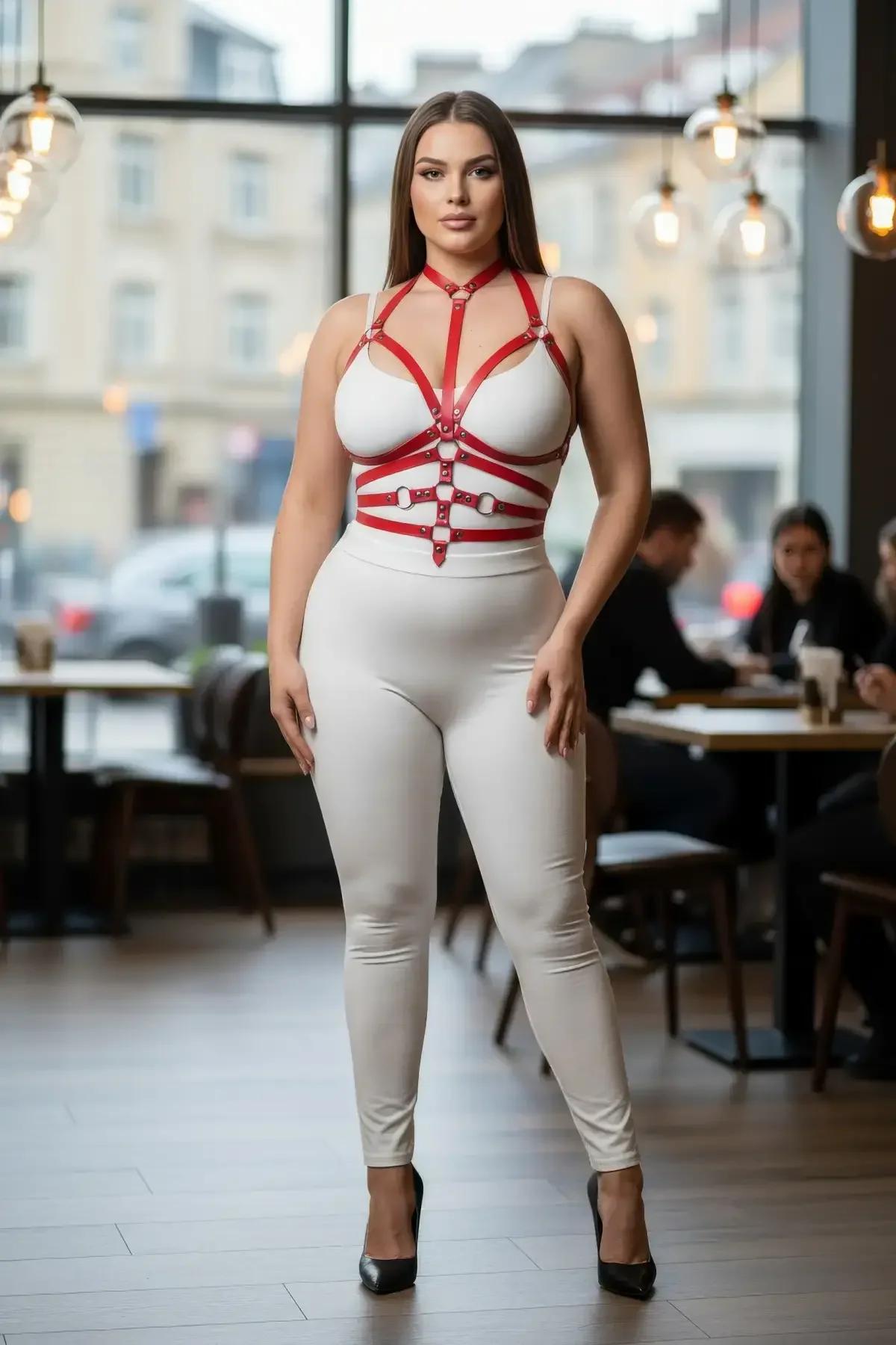 Red cage harness layered over white fitted outfit, full-length front view showing torso strap placement
