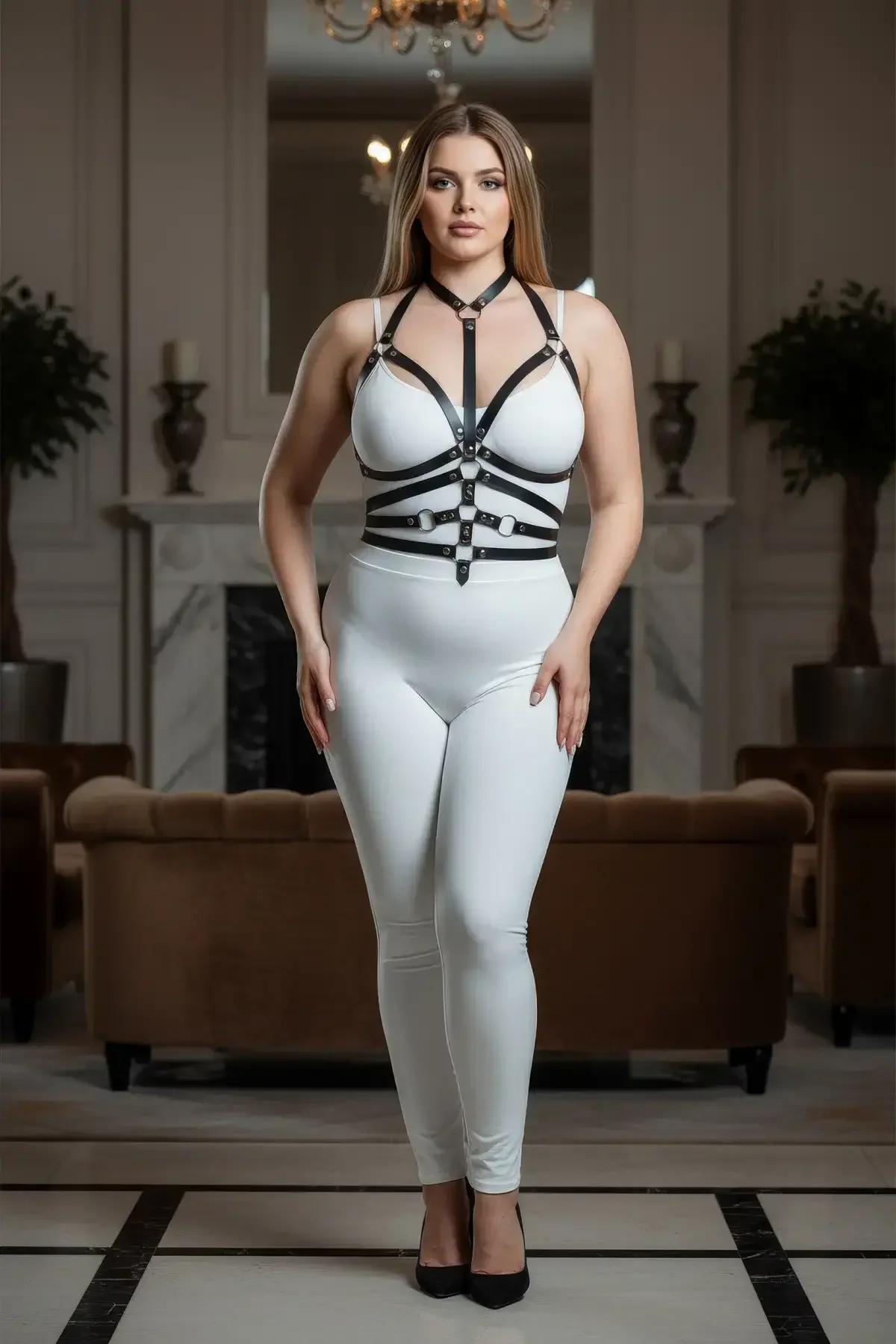 vegan deri harness set tam boy, büyük beden model üzerinde bel ve göğüs sarmalı