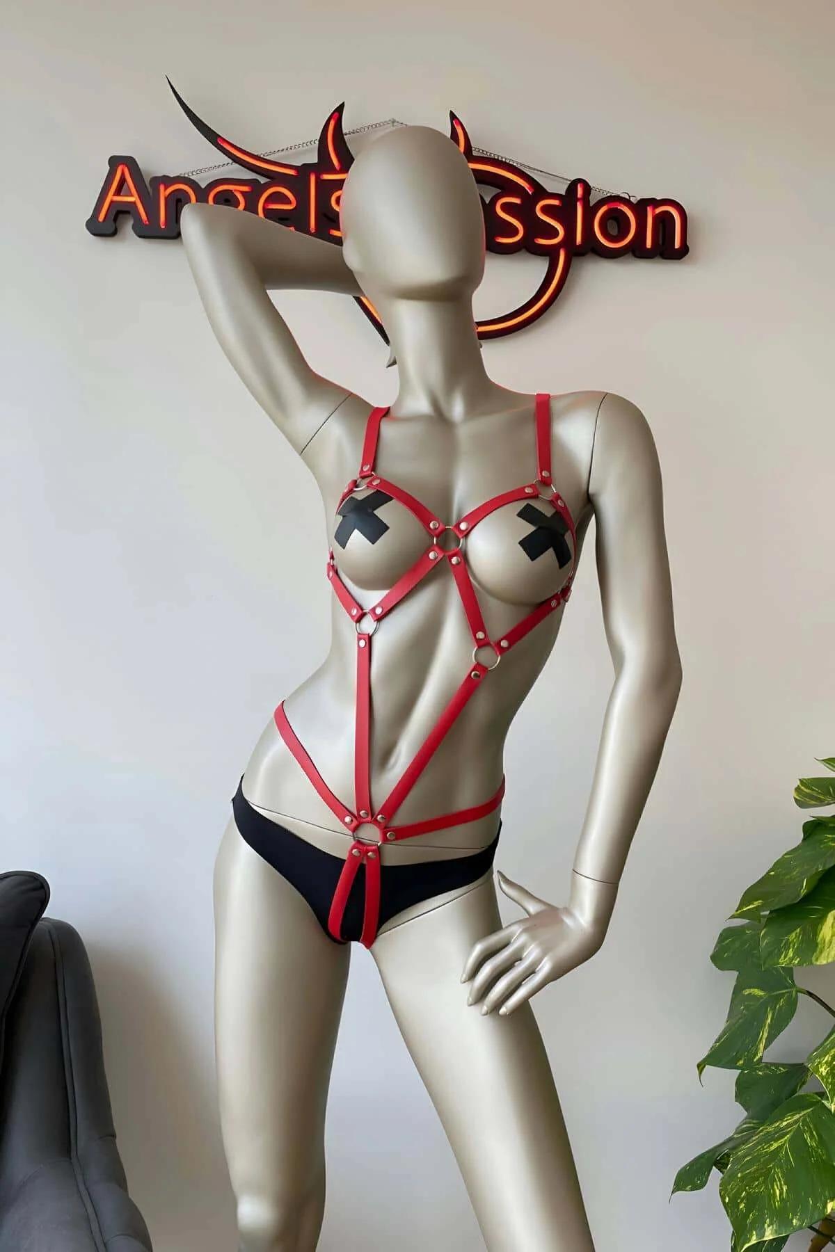 Full front view crimson PU leather body harness adjustable buckle shoulder straps