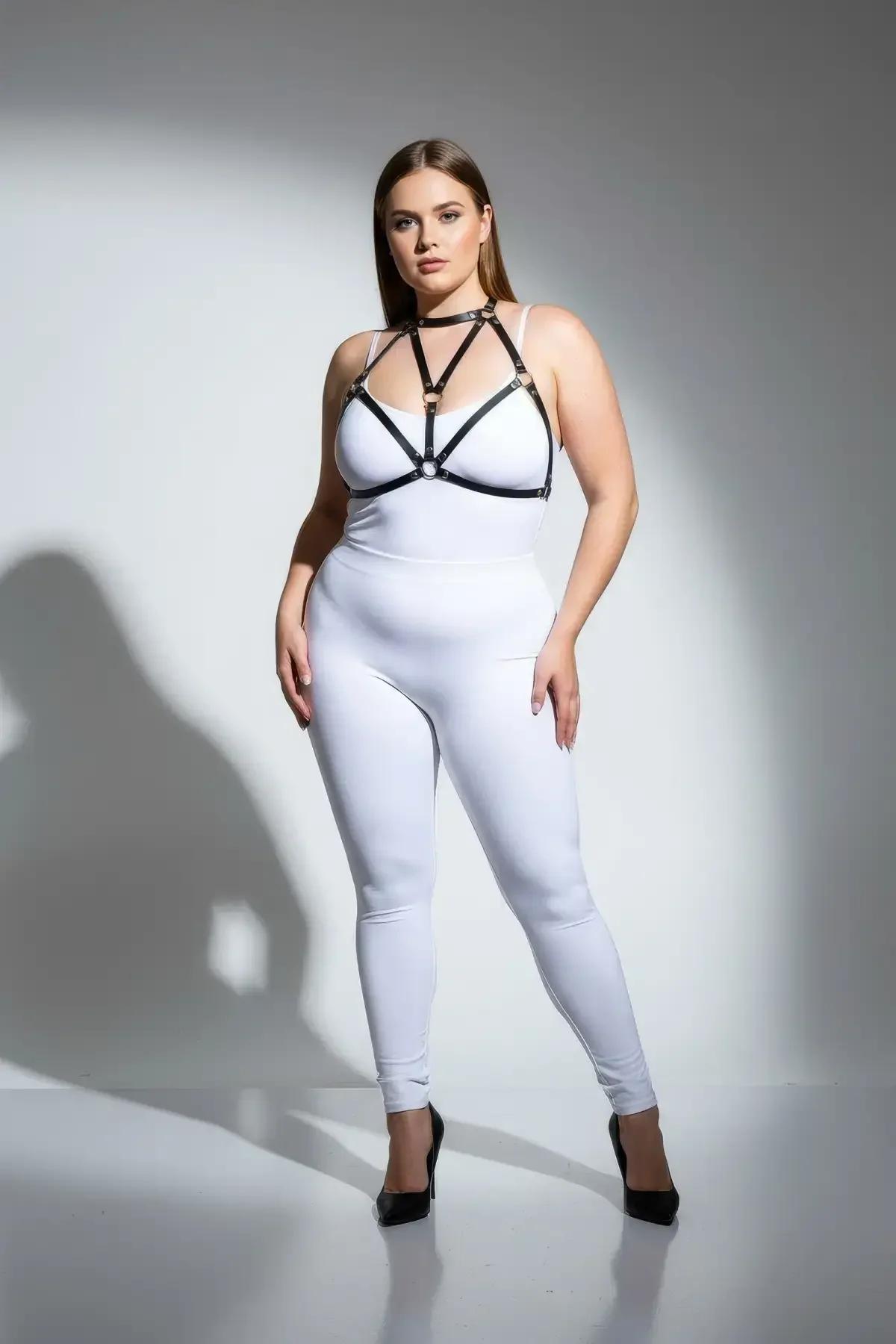 plus size body harness in black faux leather with gold-tone hardware detail at chest and collar