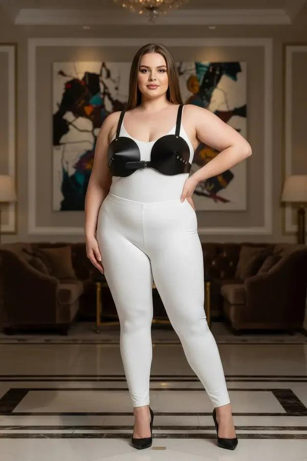 black faux leather chest harness bra with molded cups and front hook closure on plus-size model over white bodysuit
