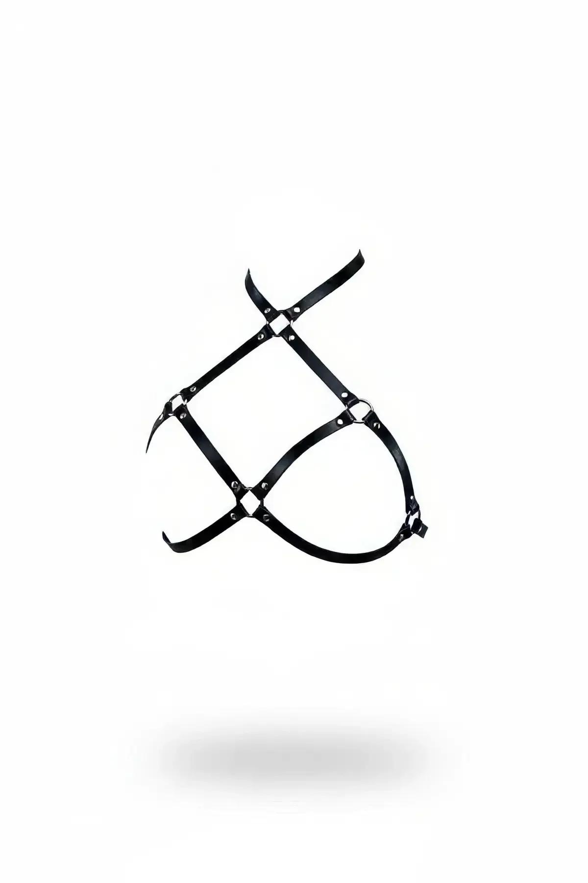 Black faux leather caged chest harness with silver O-rings and square connector hardware on white background