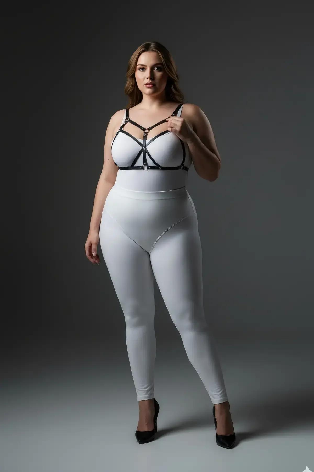 black cage chest harness on plus-size model layered over fitted white bodysuit, festival styling
