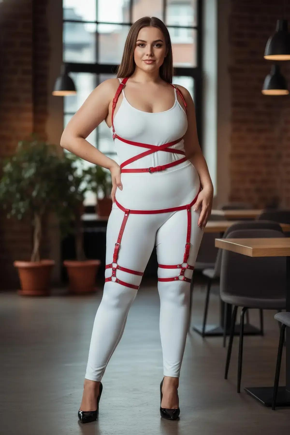 büyük beden kırmızı fantazi harness toka ayar detayı yakın plan