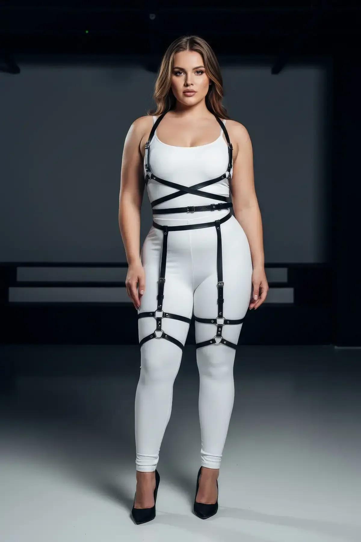 Adjustable waist band with four chrome rectangular buckles on black faux leather full body harness