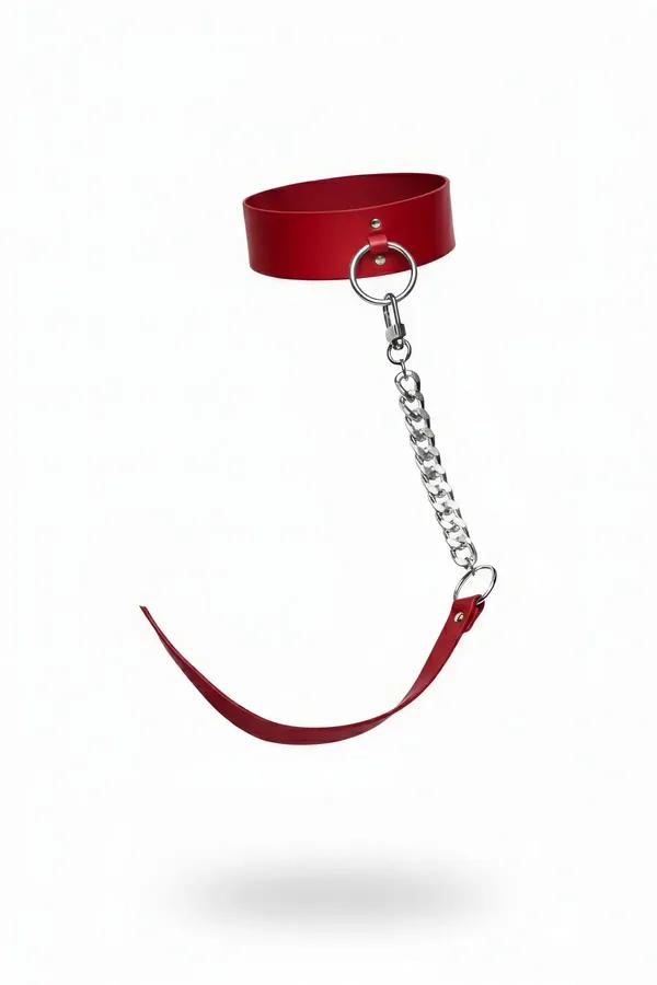 red faux leather choker with silver O-ring and detachable curb-link chain strap on white background