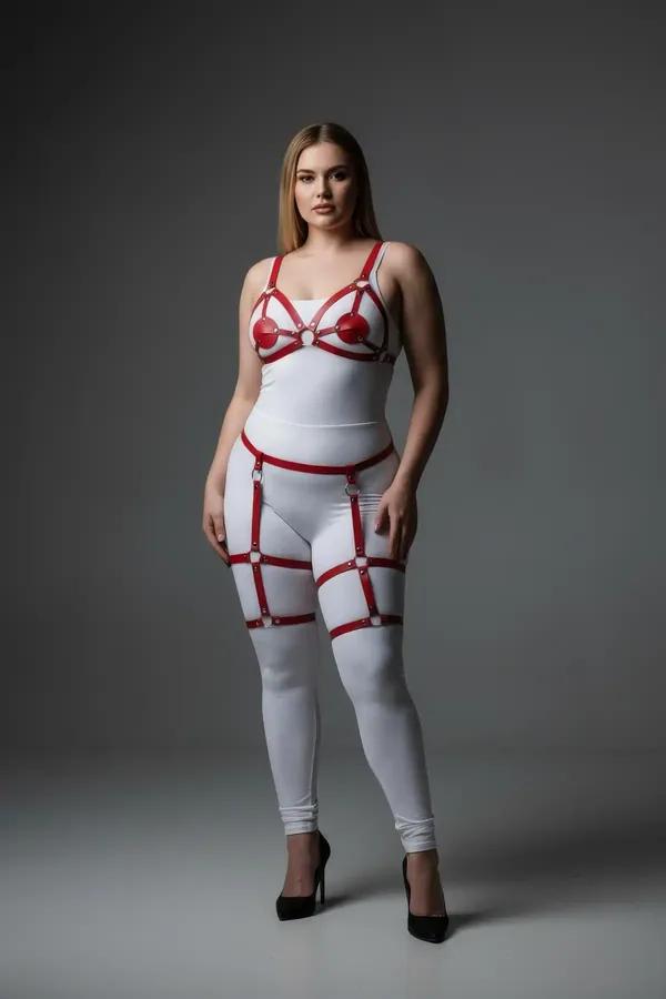 red faux leather strappy harness set with cage chest straps silver O-rings and thigh garter cages