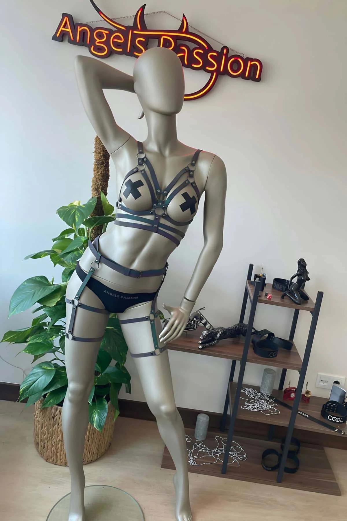 Full front view of rainbow reflective two-piece harness set chest and thigh pieces together under stage lighting