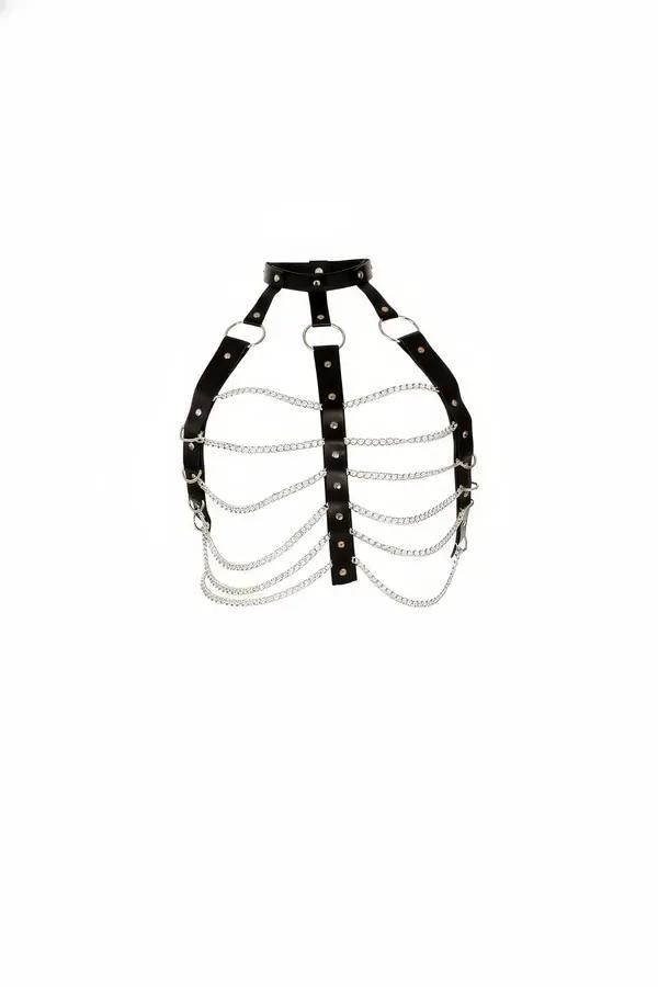 siyah suni deri zincir detaylı vücut harness aksesuarı gümüş 5 sıra metal zincir kafes görünüm