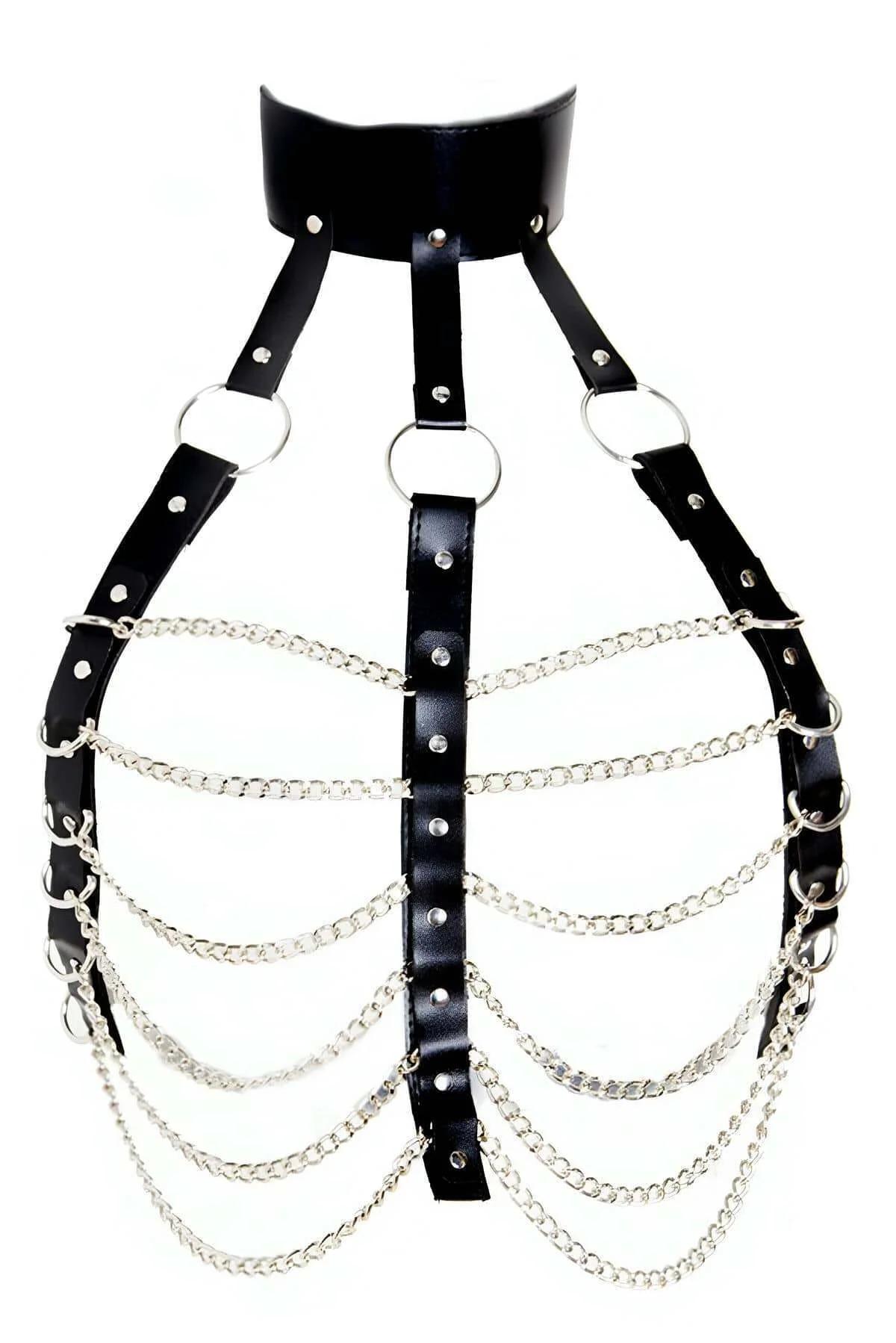 Close-up of silver-tone chain rows on black PU faux leather chest harness showing stud rivet attachment points