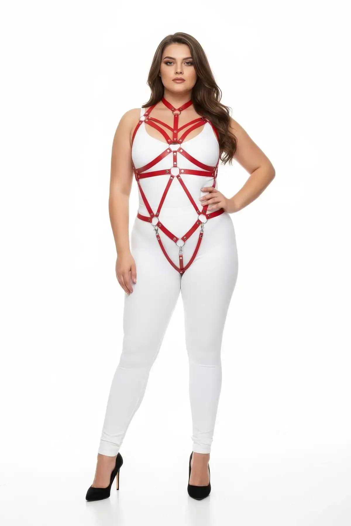 front detail of red PU faux leather chest harness with silver O-ring at sternum and double collar bar