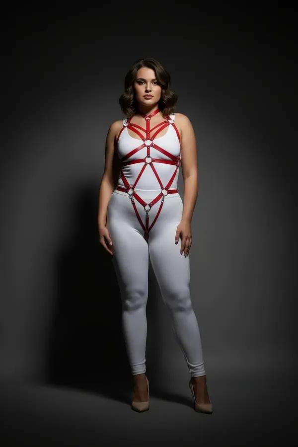 red faux leather strappy body harness with five silver O-ring accents geometric strap pattern chest to thigh plus size