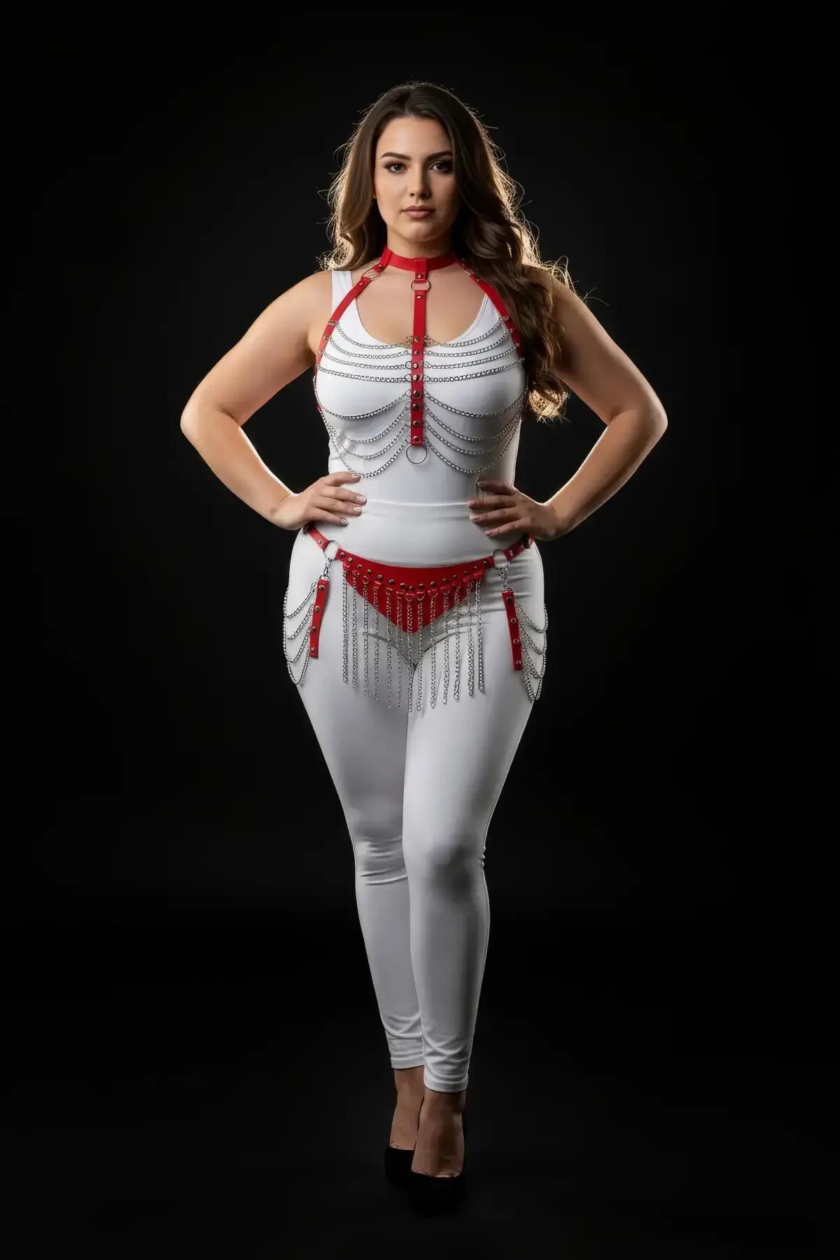 Red studded waist belt with dangling silver chain fringe, side O-ring connectors visible