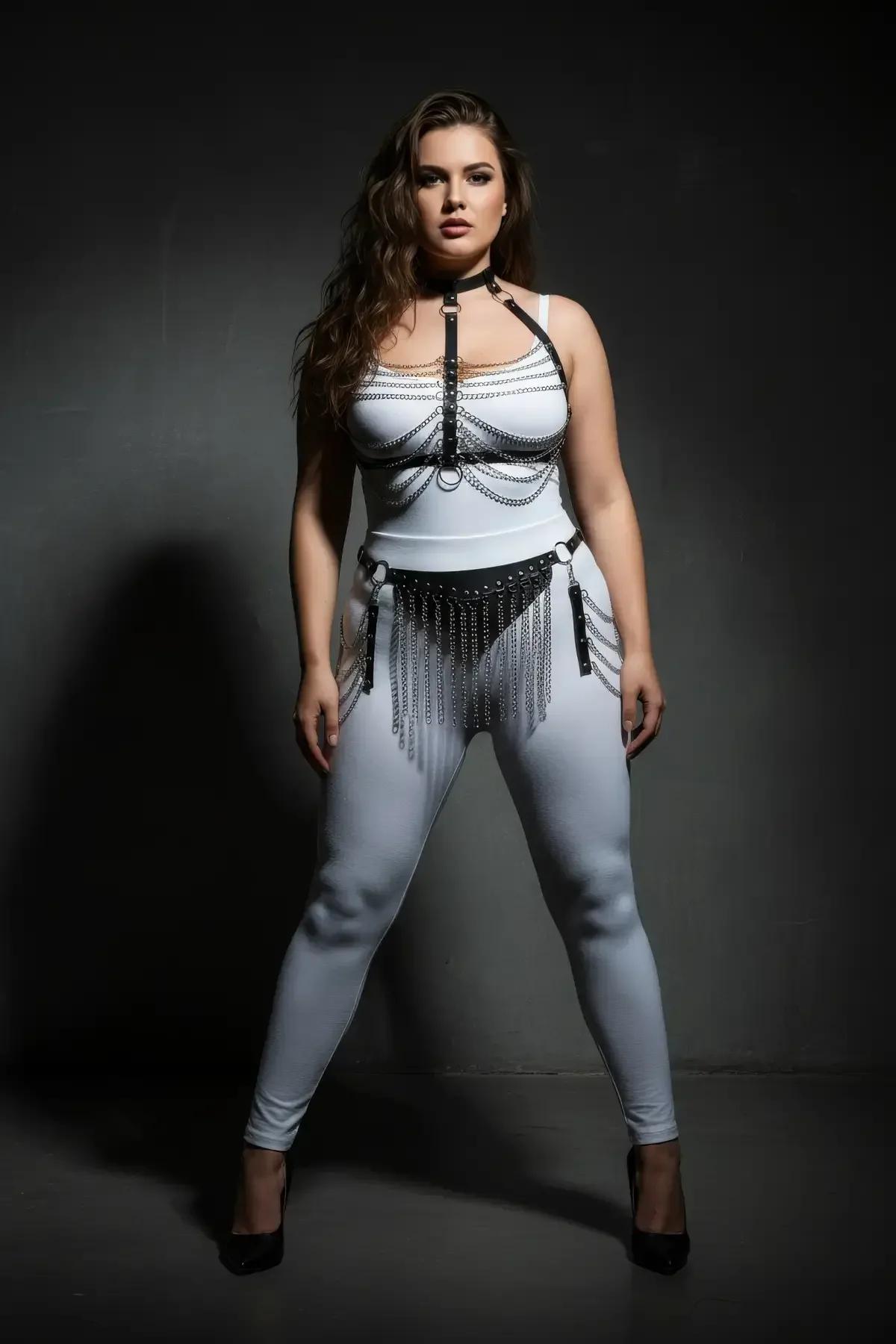 two-piece black harness set detail showing collar buckle and silver chain drape