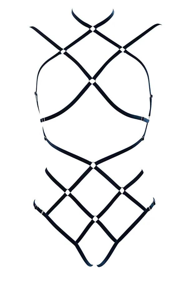 siyah lastik tam vücut harness çapraz bantlı metal toka detaylı fantazi iç giyim