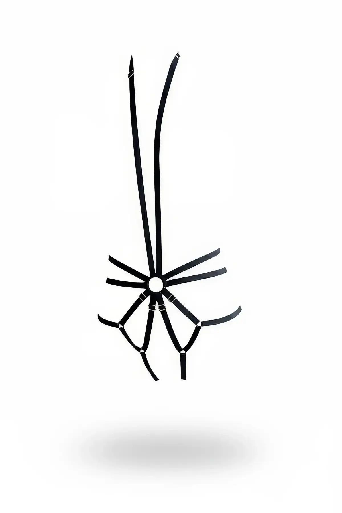 Black elastic o-ring body harness with six radiating matte straps and silver center ring, displayed flat on white background