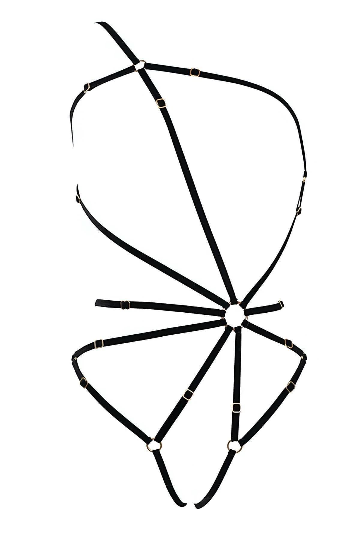 front view of black elastic strappy harness showing eight straps radiating from central 3 cm gold O-ring