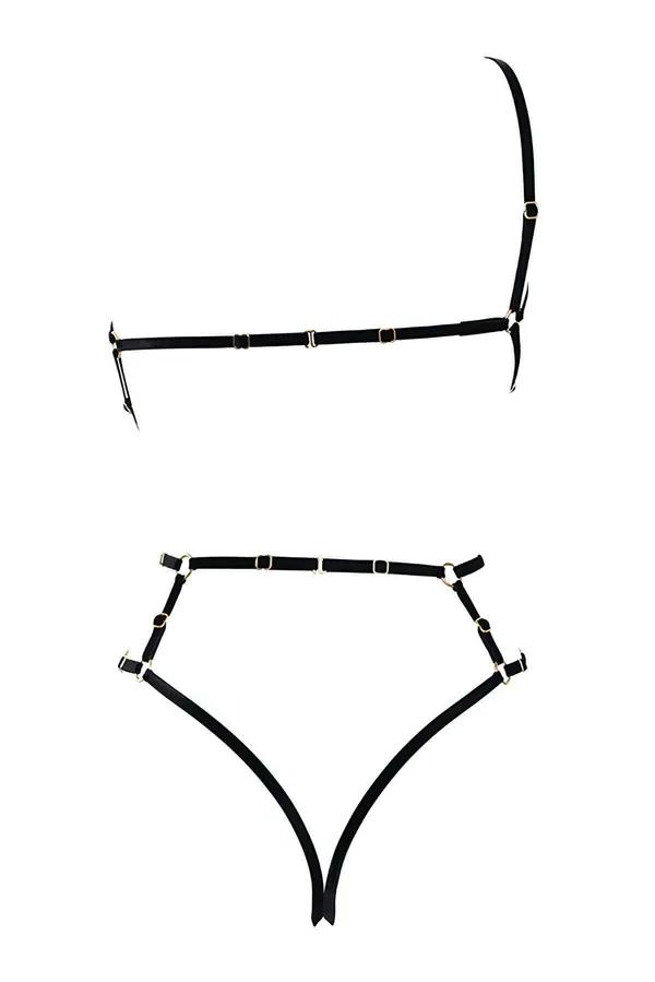 siyah lastik body harness altın O-halka geometrik çok bantlı yıldız deseni