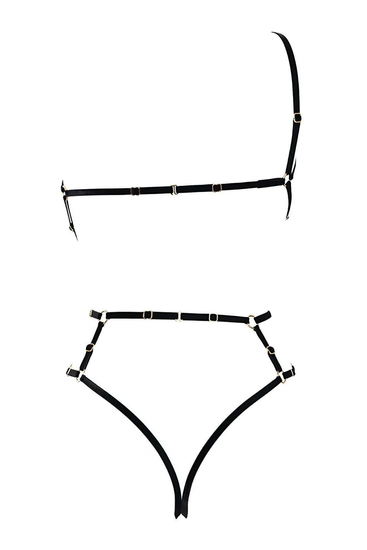 diagonal shoulder straps of black elastic harness crossing in halter configuration over the chest