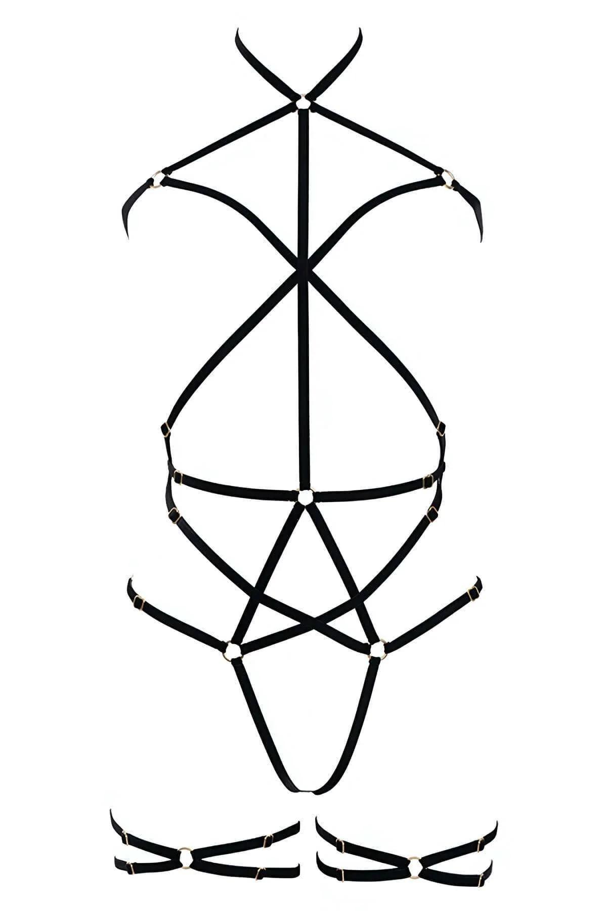 geometrik çapraz şerit siyah vücut harness ön cephe tam görünüm
