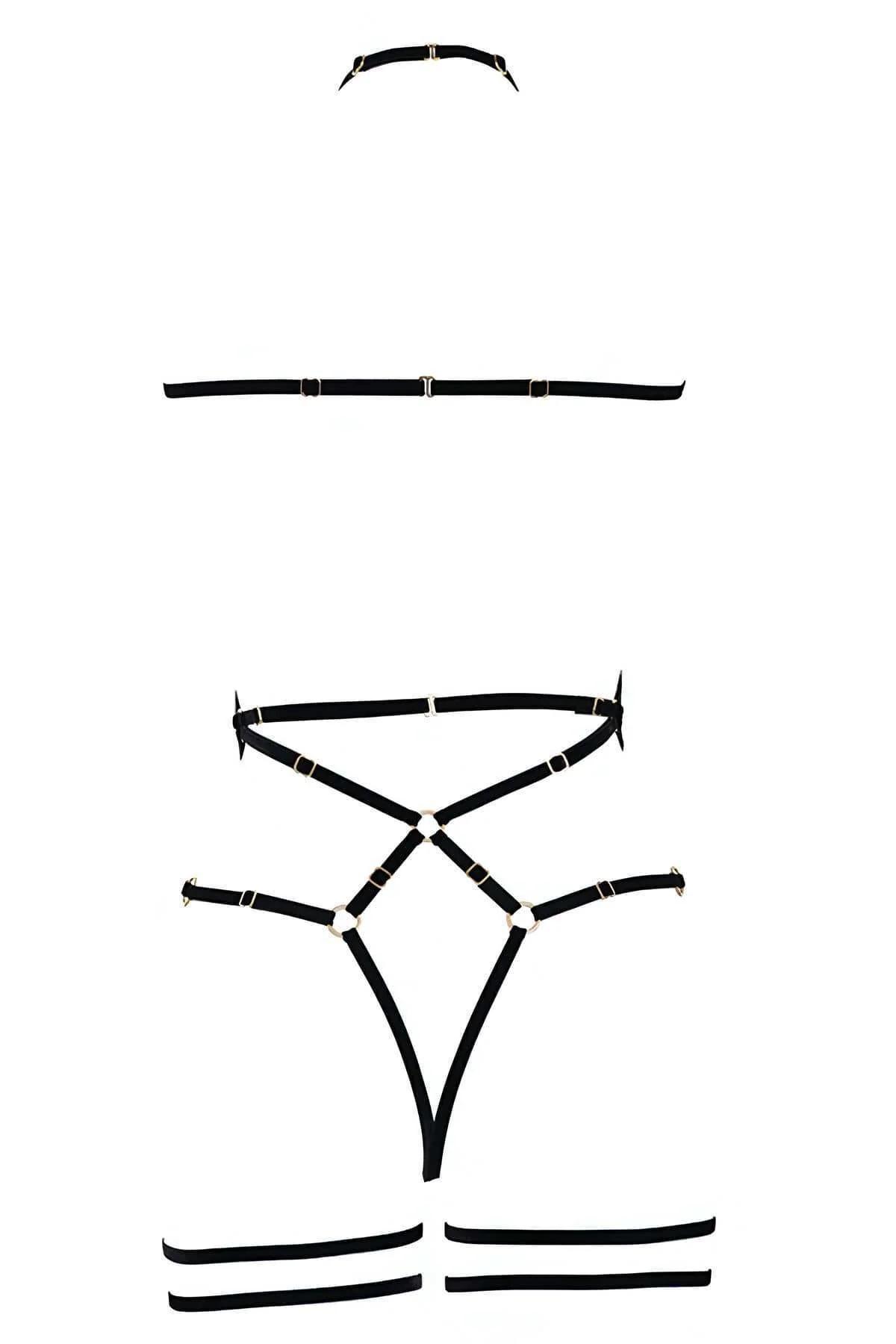 siyah elastik harness boyun halter bant ve göğüs X şerit detayı