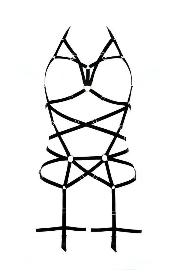 Siyah elastik body harness çapraz bantlı tam vücut aksesuar gümüş O-halka ve tokalar