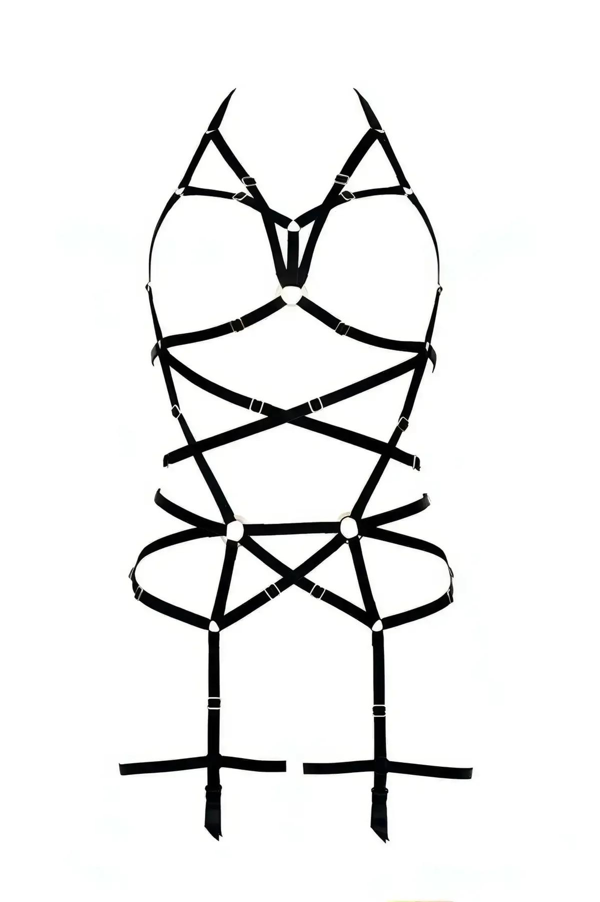 Siyah elastik body harness çapraz bantlı tam vücut aksesuar gümüş O-halka ve tokalar