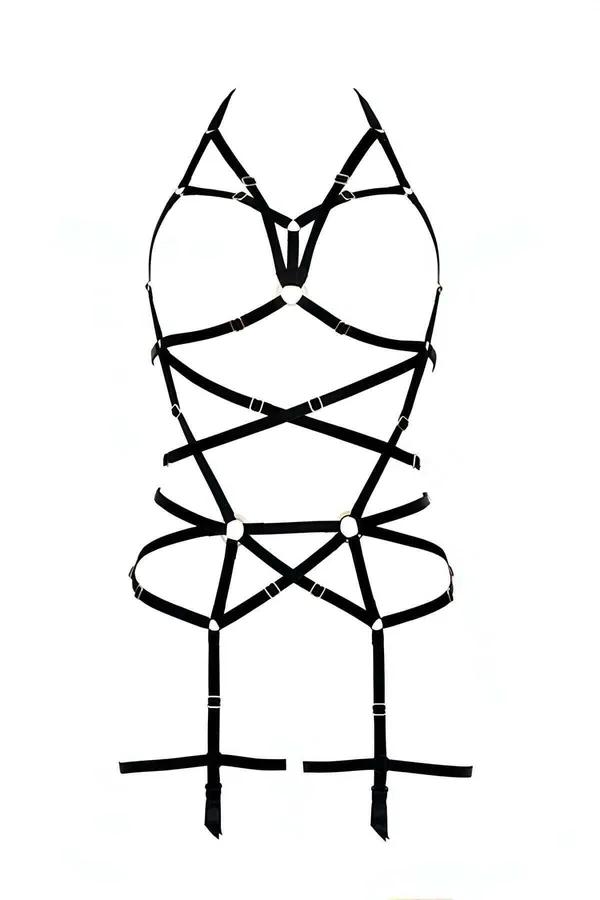 Siyah elastik harness jartiyer geometrik kafes tasarım gümüş O-ring ve bacak askılı tam vücut görünümü