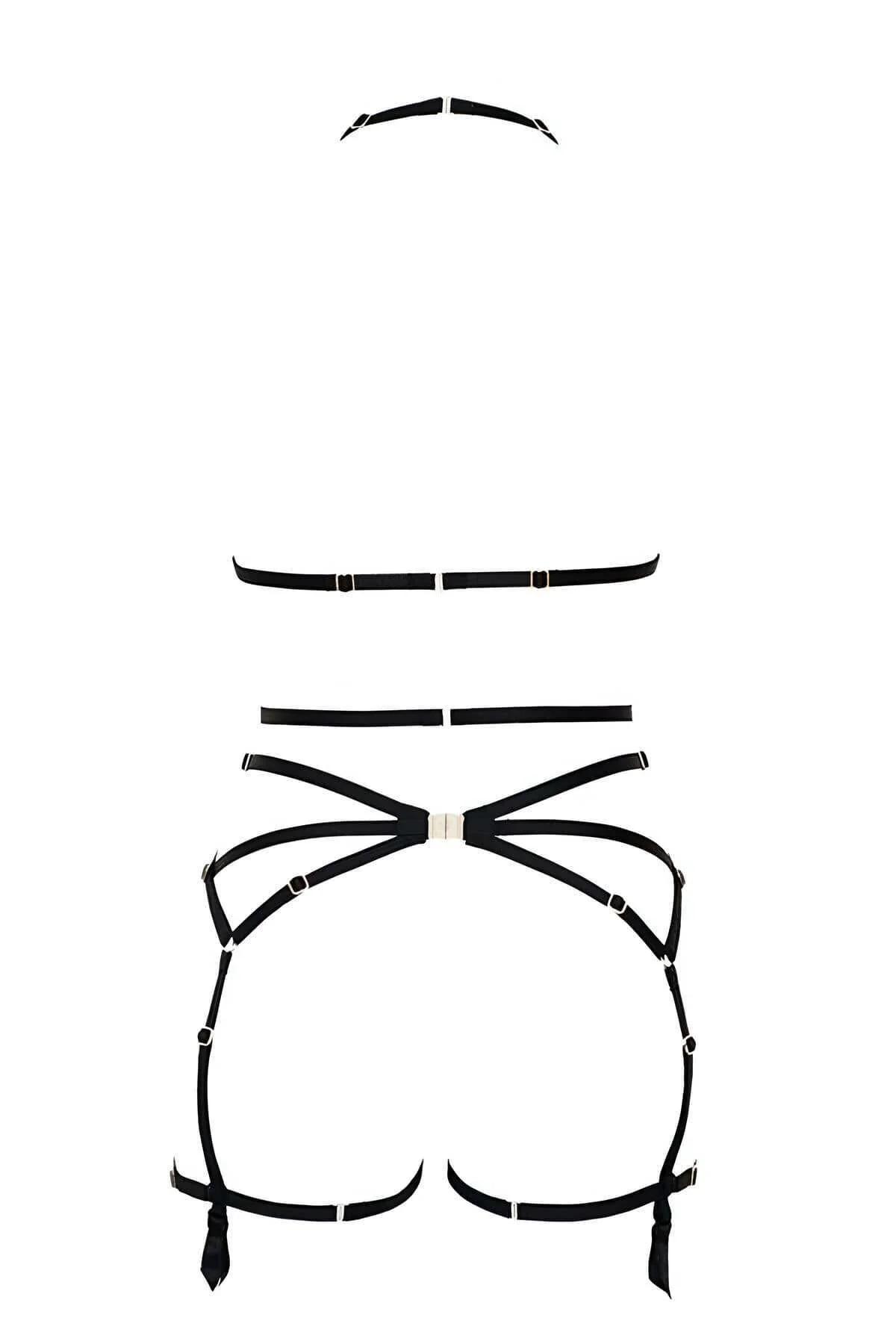 Close-up of silver chrome O-ring junction on black elastic body harness sternum strap