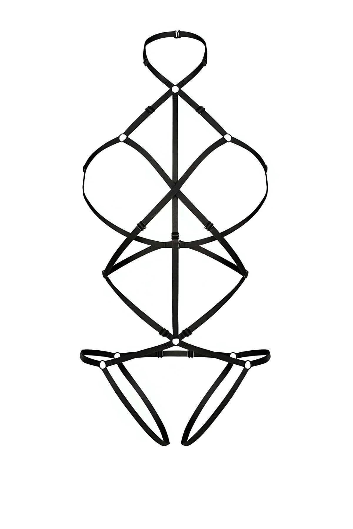 front view black elastic cage harness with diagonal cross-straps forming angular chest pattern