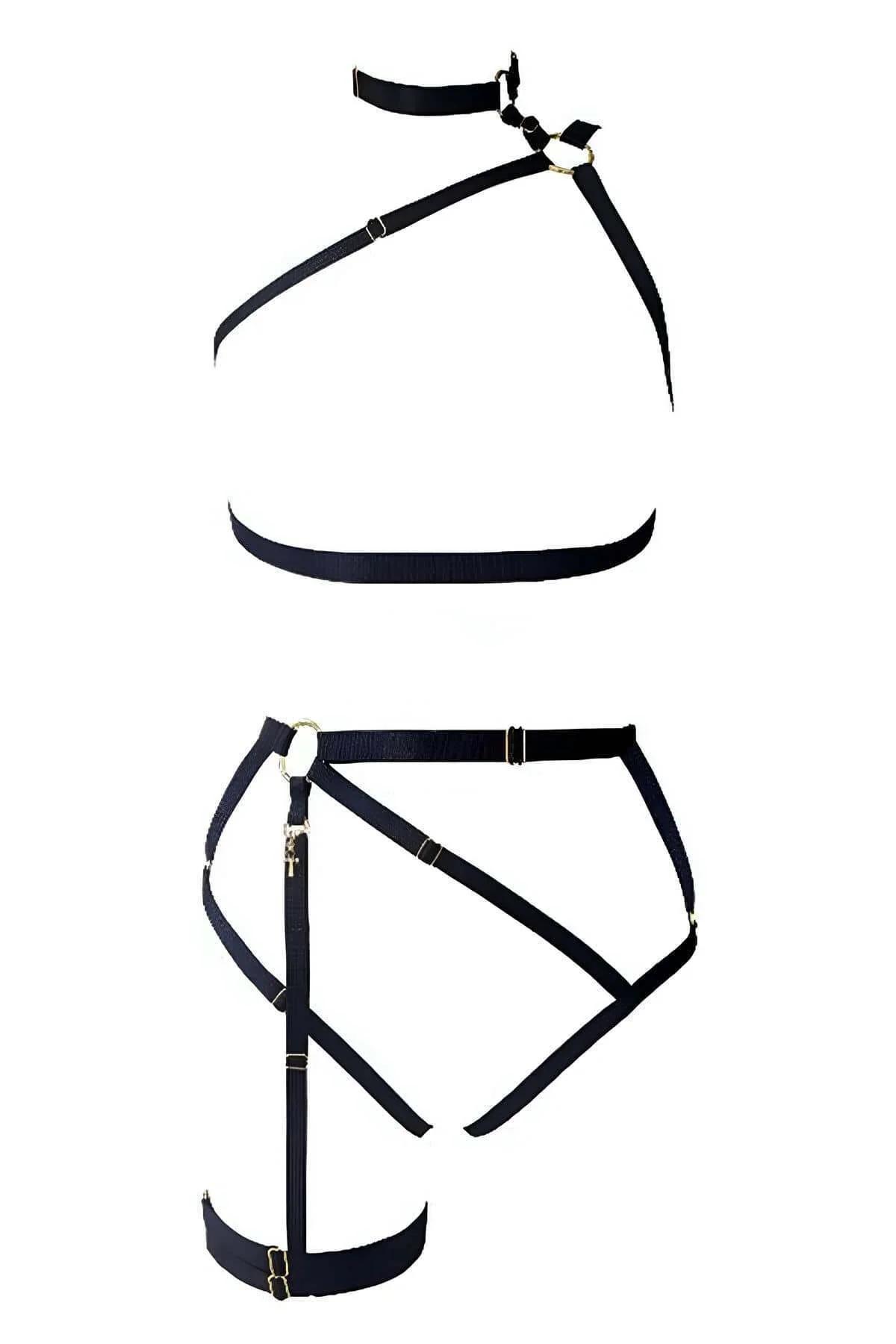 full-length view of black strappy harness set showing vertical strap alignment from choker to thigh garter