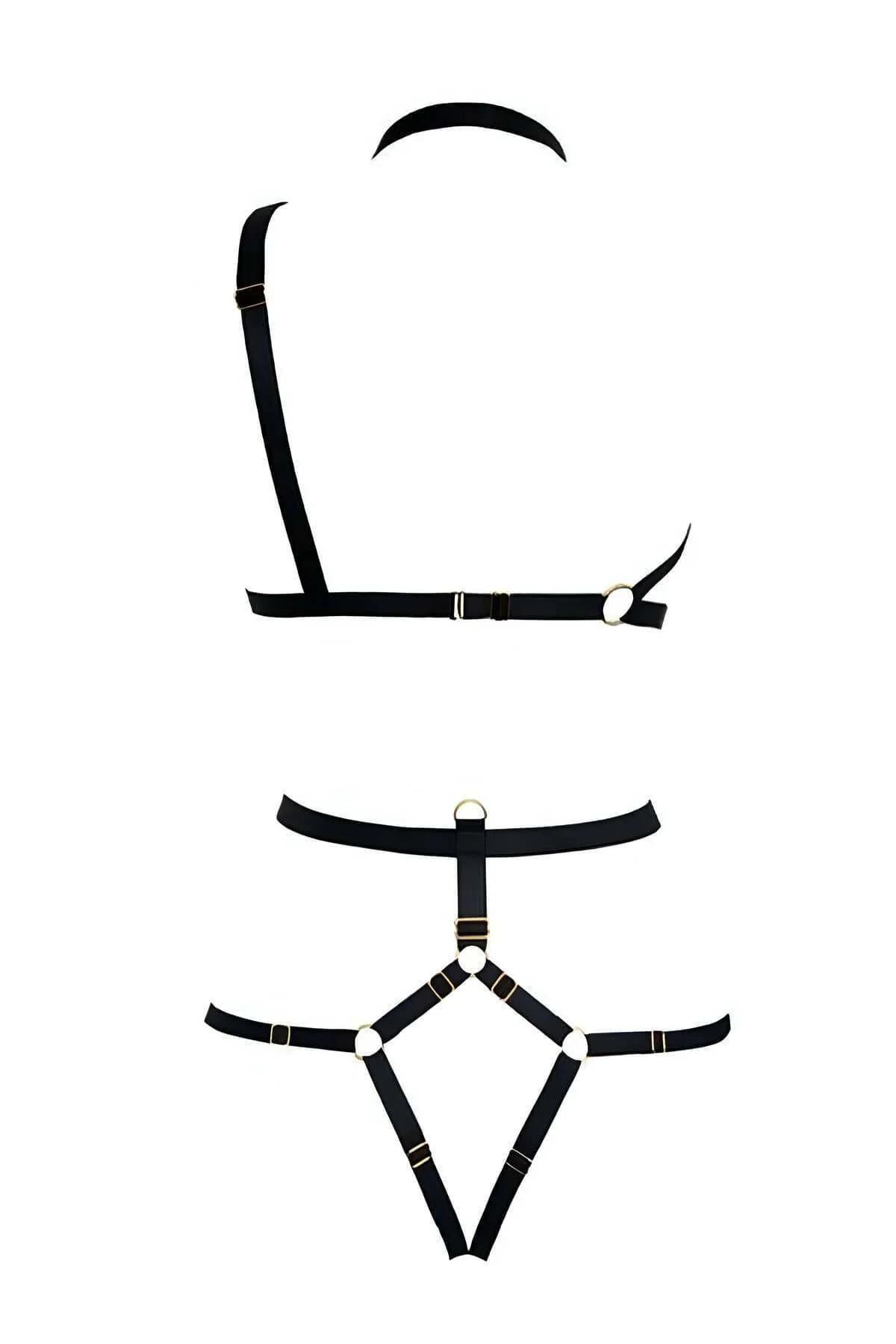 close-up of gold-tone slide adjuster and buckle on black faux leather harness strap