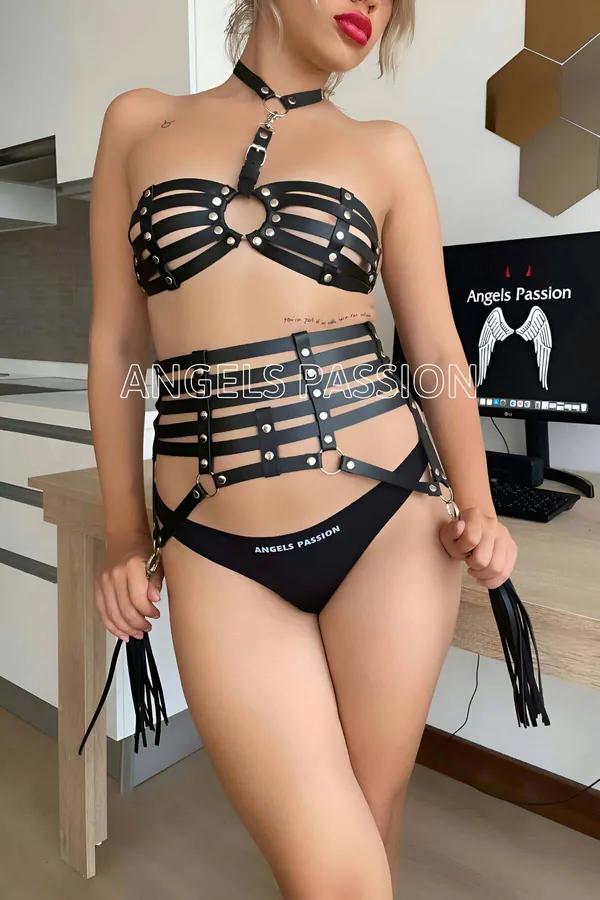 siyah suni deri zımbalı kafes bralet ve çok bantlı bel harness takımı gümüş O-ring toka püsküllü aksesuar