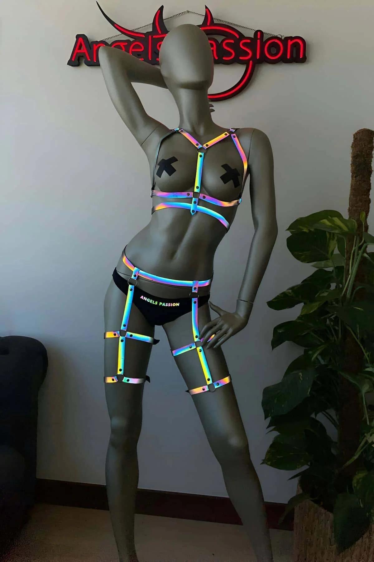 Full front view of iridescent full body harness set with waist band and dual thigh cages