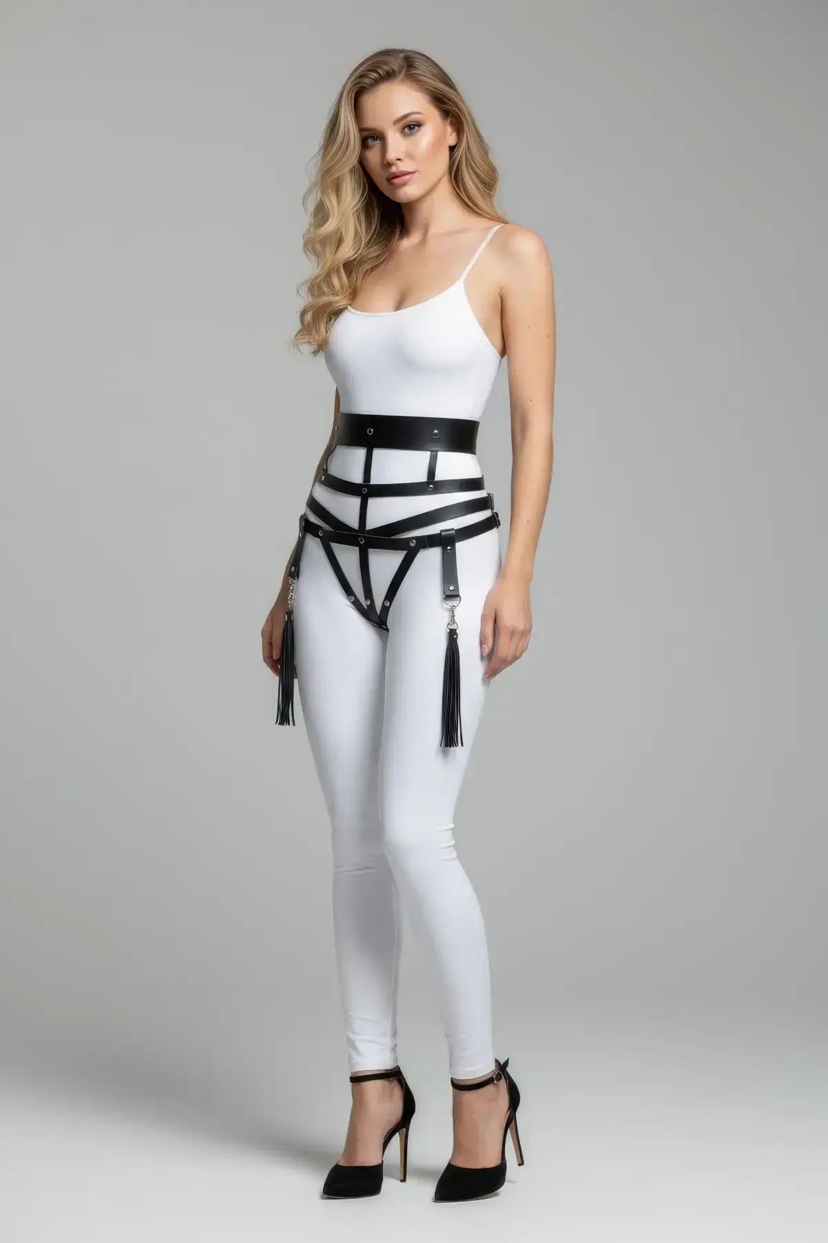 adjustable black faux leather harness straps forming cage structure around waist and hips