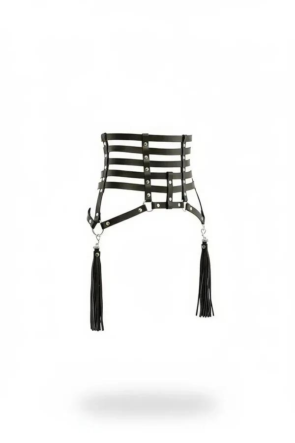 black faux leather caged waist harness with four horizontal straps silver rivets O-ring and detachable fringe tassels