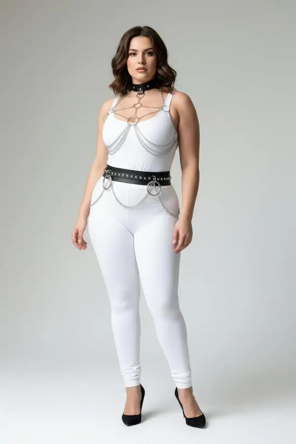 büyük beden siyah vegan deri harness takım gümüş zincir O-ring boyunluk göğüs haznesi bel kemeri