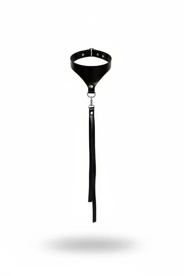Black faux leather choker with wide tapered front panel and long detachable multi-strand tassel on silver O-ring