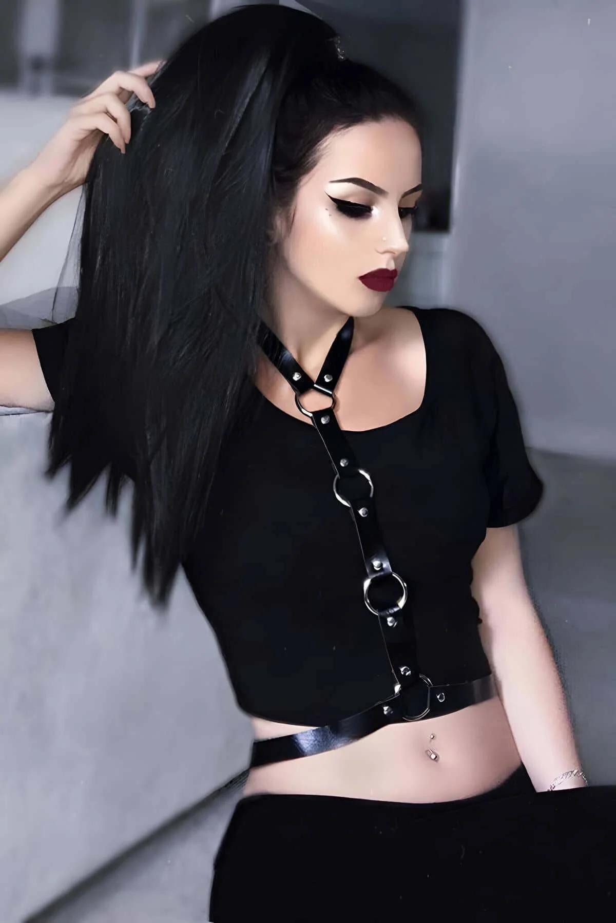 black faux leather chest harness with three gunmetal O-rings vertical strap from collar to waist belt Gothic style