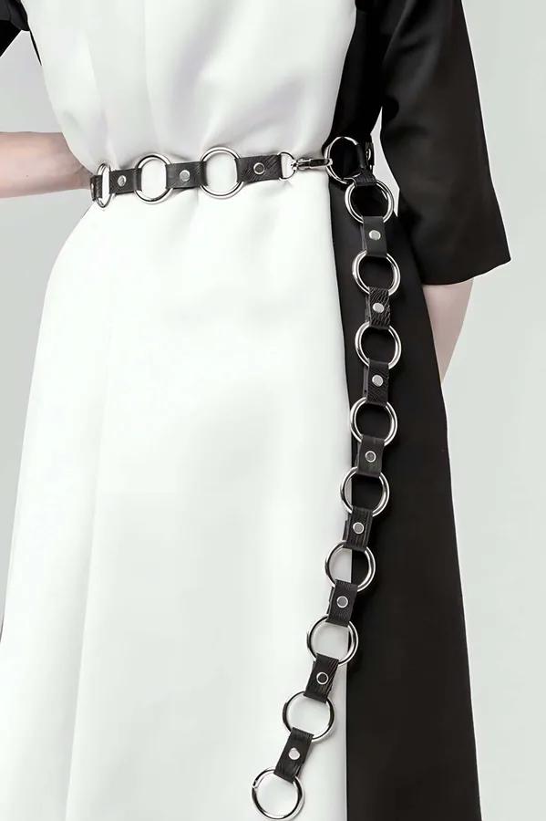 ក្រវ៉ាត់ faux leather ខ្មៅ O-ring ប្រាក់ chain 8 ហ ខ្សែវែង 40 cm ហក់ ស្លៀកលើ dress ស