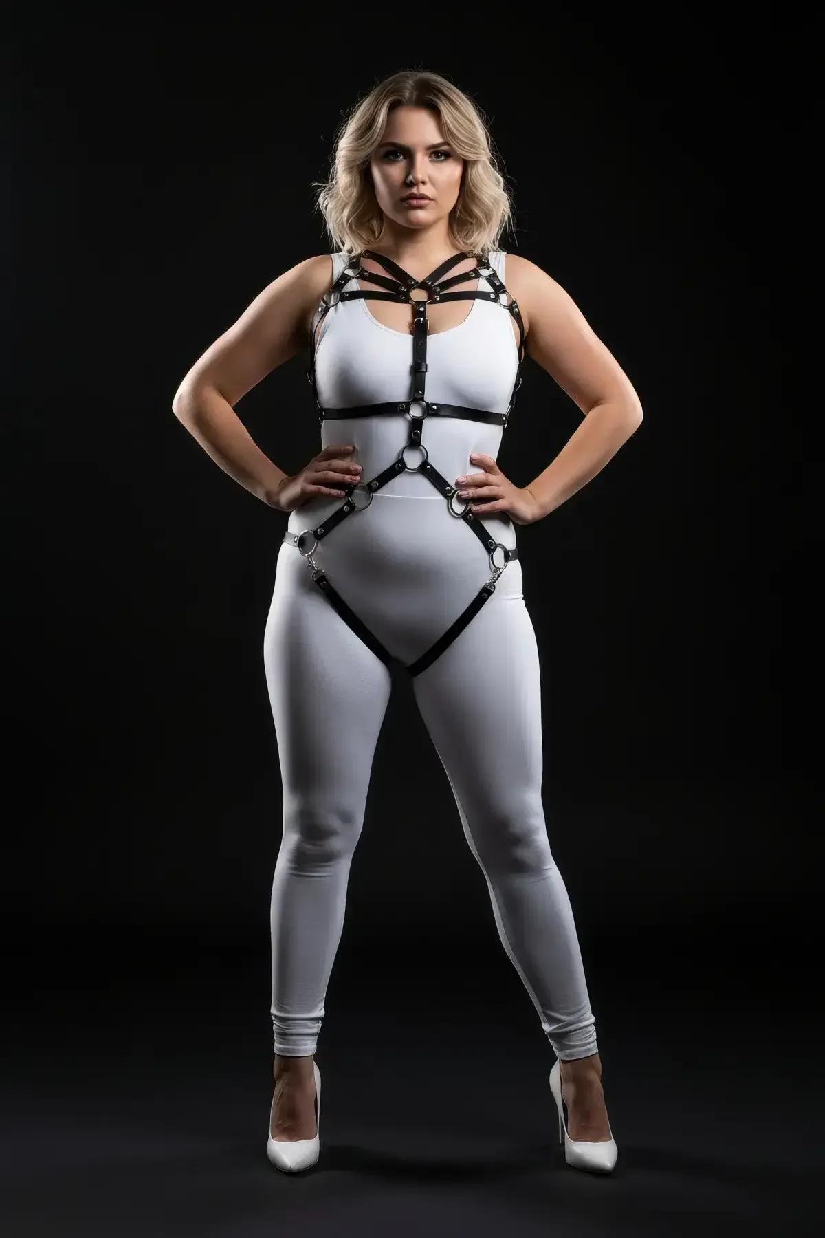 siyah vegan deri harness üst parça çapraz strap ve gümüş halka yakın çekim