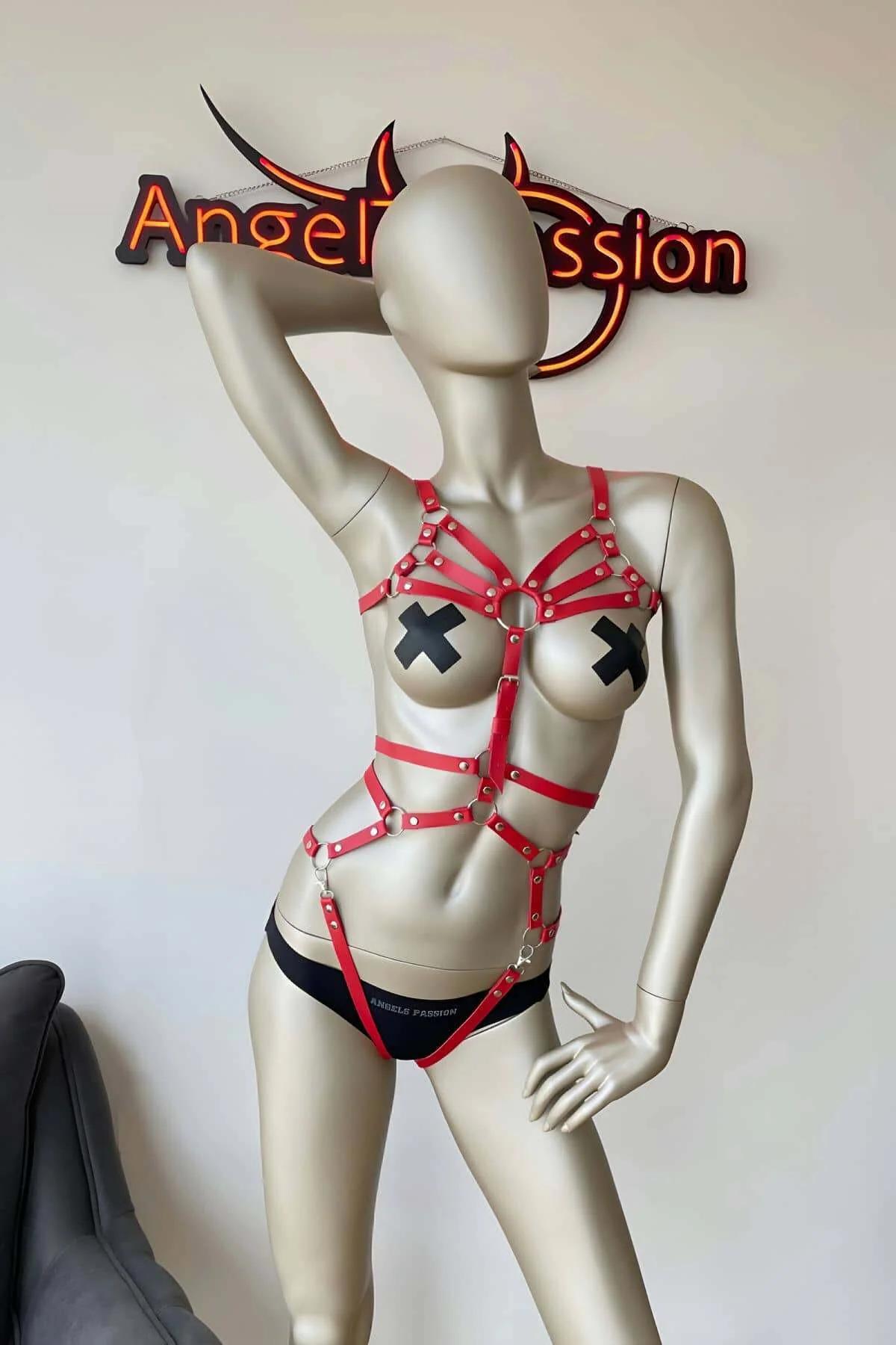 red PU leather chest harness multiple horizontal straps silver O-ring center front view