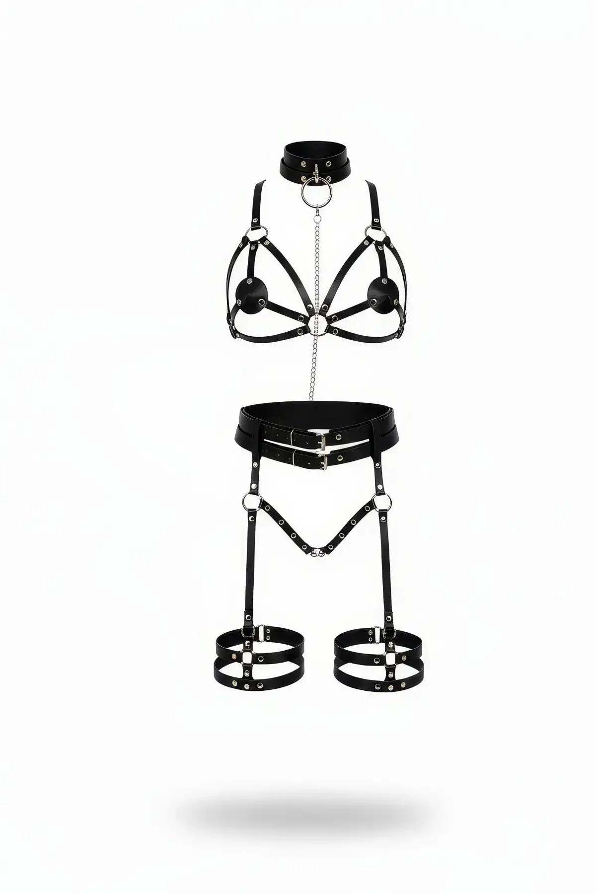 Siyah vegan deri harness takım tasma zincir göğüs harness bel kemeri çift bacak kelepçe gümüş donanım