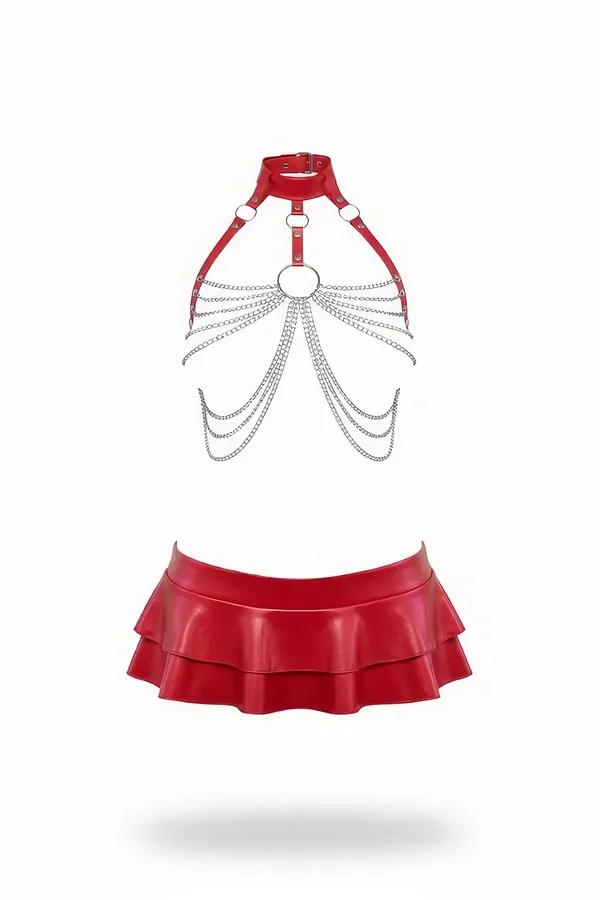 kırmızı suni deri harness kemer gümüş zincir O-halka detaylı çift fırfırlı mini etek set