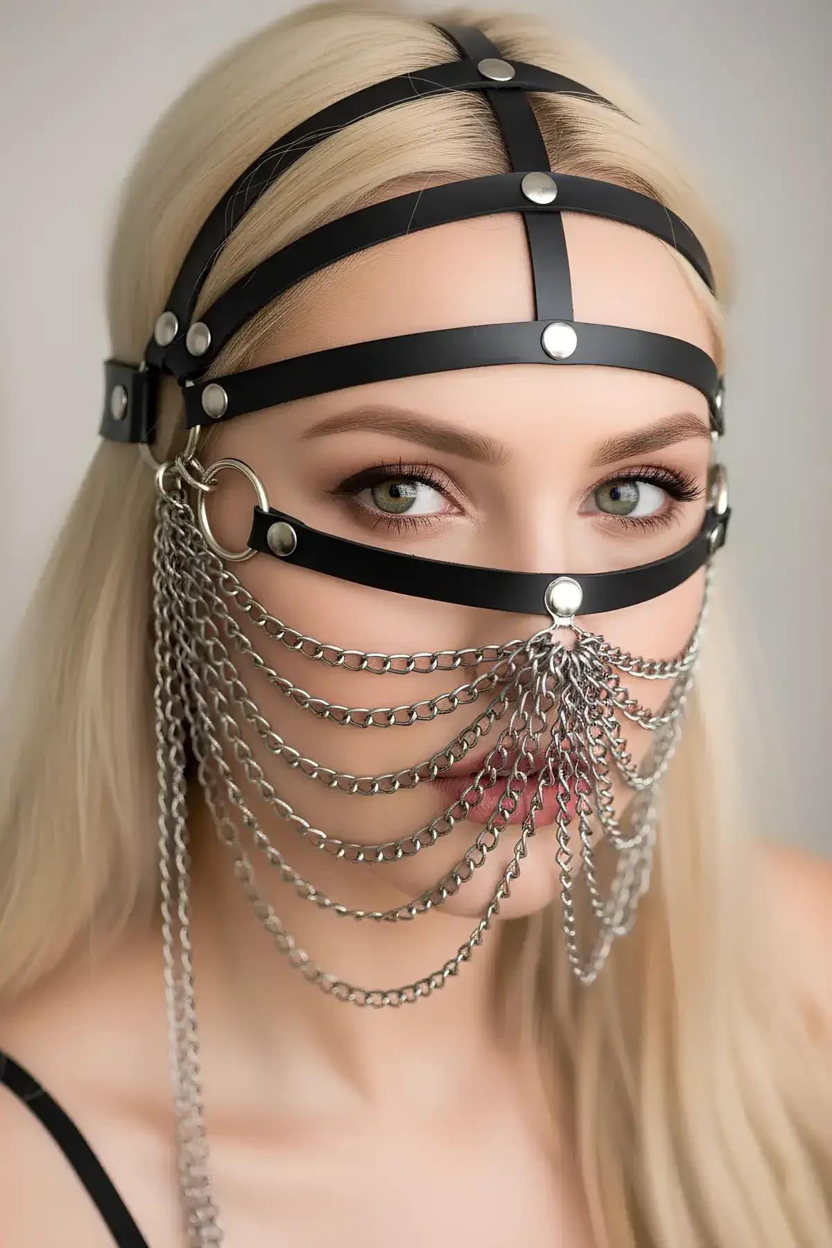 black faux leather face harness with layered draped silver chain veil and dome stud hardware