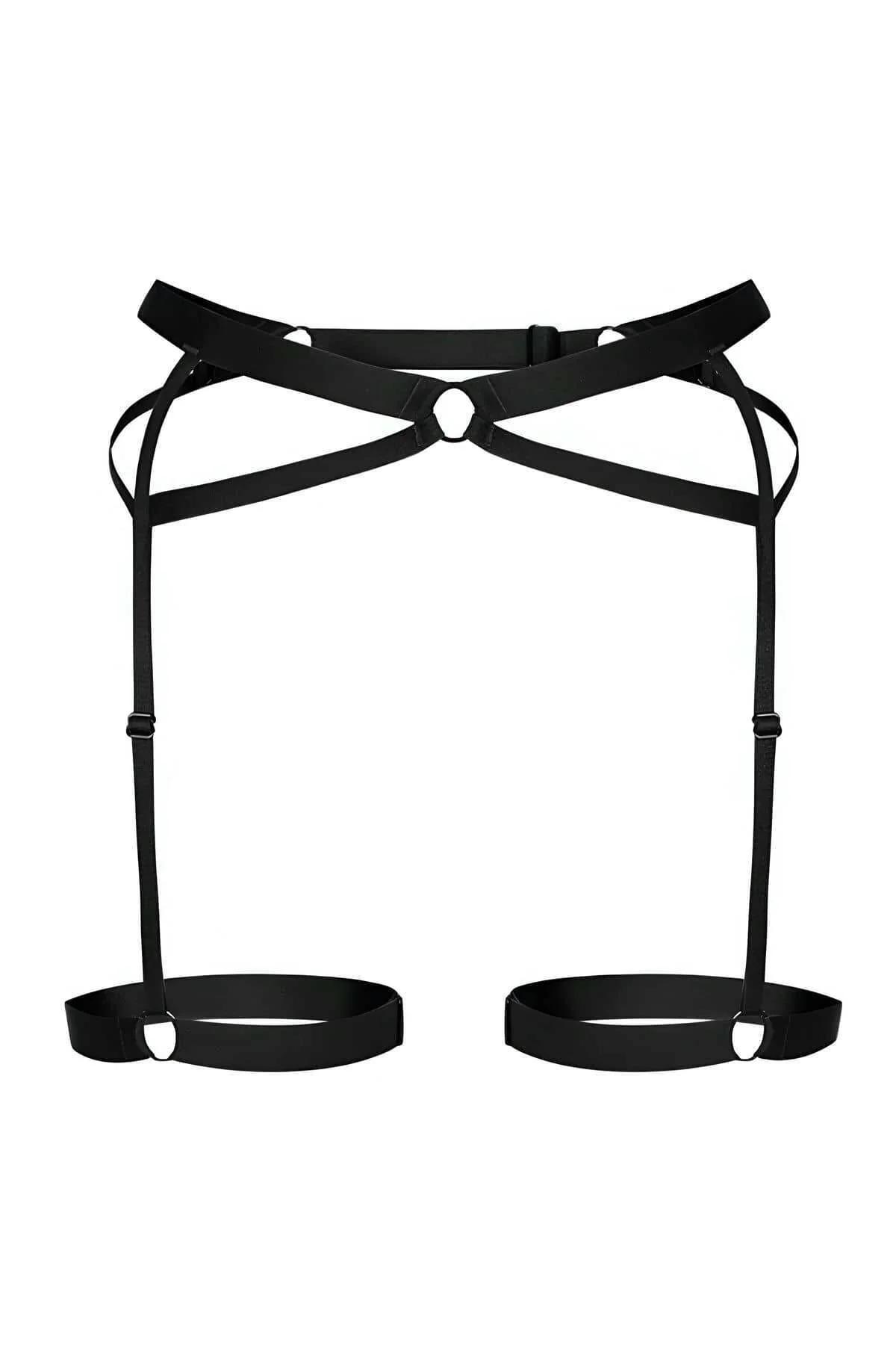 Black adjustable thigh garter band detail on upper leg, D-ring slider visible